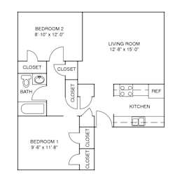 A floor plan of a small apartment with two bedrooms, a living room, a kitchen, and two closets.