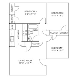 A black and white drawing of a house layout with four bedrooms and a living room.