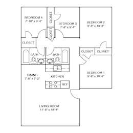 A black and white drawing of a house layout with labeled rooms.