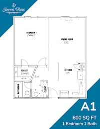 A floor plan for a 600 square foot apartment with one bedroom and one bath.