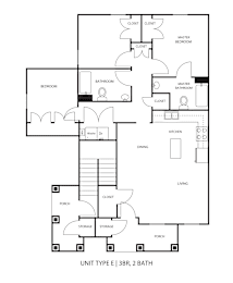 A black and white image of a floor plan for a 3 bedroom, 2 bathroom apartment.