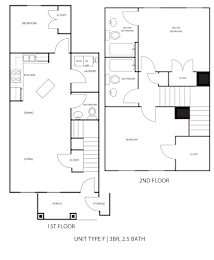 A black and white floor plan of a two-story apartment.