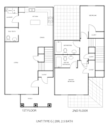 A drawing of a two-story house plan with labeled rooms.