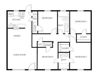 A black and white image of a house floor plan.