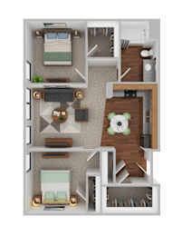 A 3D floor plan of a small apartment with a bedroom, living room, and kitchen.