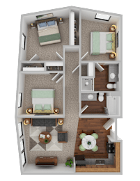 A 3D floor plan of a small apartment with two bedrooms and a living area.