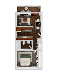 A top-down view of a small, well-organized apartment with a bedroom, living room, kitchen, and bathroom.
