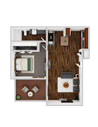 A top-down view of a small apartment with a kitchen, living room, and bathroom.
