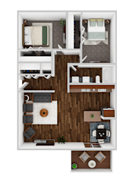 A top-down view of a small apartment with a bedroom, living room, and kitchen area.
