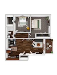 A top-down view of a small apartment with a living room, kitchen, and bedroom.