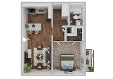 A top-down view of a small apartment with a bedroom, living room, and kitchen.