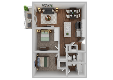 A 3D floor plan of a small apartment with a living room, kitchen, and bathroom.