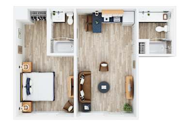 A top down view of a small apartment with a bed, a couch, a table, and a kitchenette.
