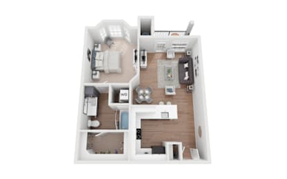 A top-down view of a small apartment with a bedroom, living room, and kitchen.