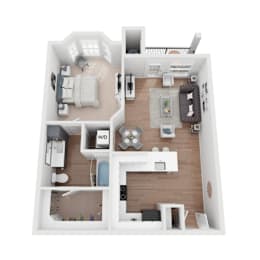 A 3D floor plan of a small apartment with a kitchen, living room, and bedroom.