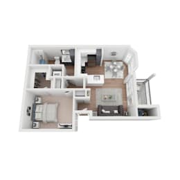 A white floor plan of a house with a living room, dining room, kitchen, and bathroom.