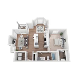 A top-down view of a house layout with a living room, kitchen, dining area, and bedrooms.