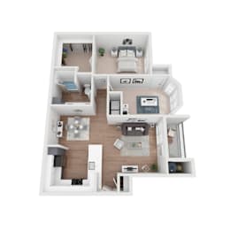 A top-down view of a house layout with multiple rooms and furniture.