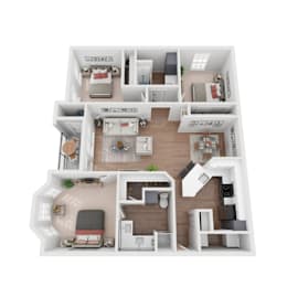 A 3D floor plan of a house with multiple rooms and furniture.