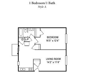 A floor plan of a 1 bedroom/1 bath style apartment.
