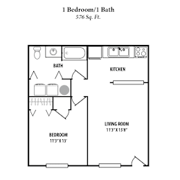 A floor plan of a 1 Bedroom/1 Bath apartment sized at 576 square feet.