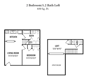 A floor plan of a 2 Bedroom/1.2 Bath Loft sized at 830 square feet.