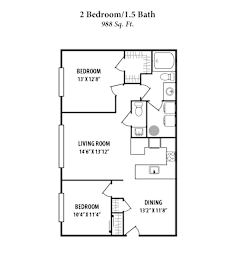 A drawing of a 2 Bedroom/1.5 Bath apartment at 988 Sq. Ft.