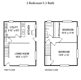 A floor plan for a 2 bedroom/1.5 bath home.