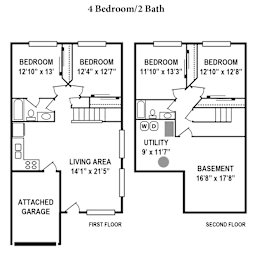 A floor plan of a 4 bedroom/2 bath home.
