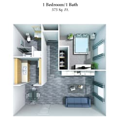 a sq ft apartment with a bathroom and a living room