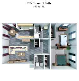 a 3d rendering of a bedroom floor plan with a bathroom and a living room