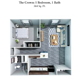 A 3D rendered image of a small apartment layout with a bedroom and bathroom.