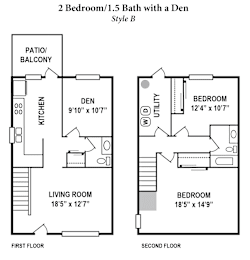 A floor plan of a 2 bedroom, 1.5 bath with a den in Style B.