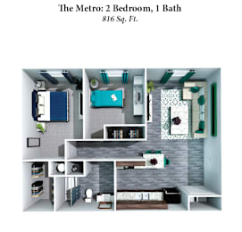 A small apartment layout with a bedroom, bathroom, and living room.
