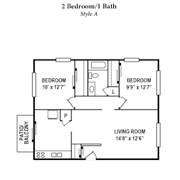 A floor plan of a 2 Bedroom/1 Bath Style A apartment.