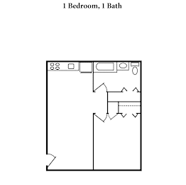 A floor plan of a one bedroom apartment with a bath.