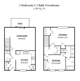 A floor plan of a 2 bedroom/1.5 bath townhome.