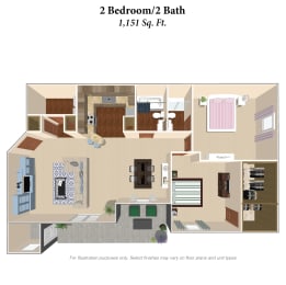 a floor plan of 2 bedroom 2 bath