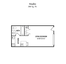 A floor plan of a studio apartment with a living/bedroom area, kitchen, and bathroom.