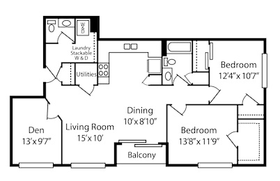 A floor plan of a home with a den, two bedrooms, a living room, and a balcony.