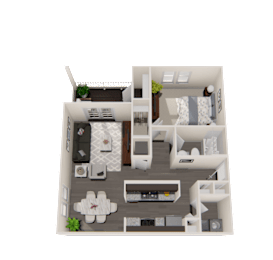 A 3D floor plan of a small apartment with a living room, kitchen, and bedroom.
