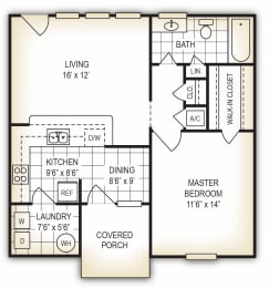 The Cottage 1 bedroom 1 bathroom floor plan at Dothan Farms Apartments, Dothan