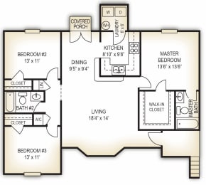 The Farmhouse 3 bedroom 2 bathroom floor plan at Dothan Farms Apartments, Dothan, AL