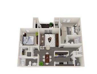 A 3D floor plan of a house with a kitchen, living room, and bedrooms.