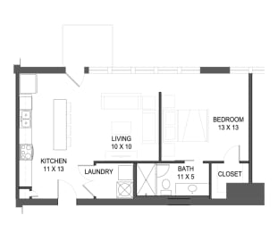 1 bedroom 1 bathroom Floor plan A at The Mobile Lofts, Mobile, AL