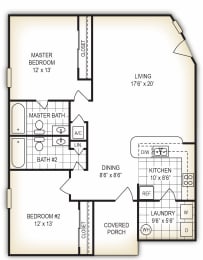The Grove 2 bedroom 2bathroom floor plan at Dothan Farms Apartments, Alabama,36305