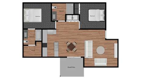 A floor plan of a house with a kitchen, living room, and two bedrooms.