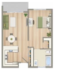 A floor plan of a small apartment with a kitchen, living room, and bathroom.