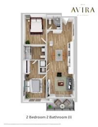 A floor plan of a 2 bedroom, 2 bathroom apartment at Glendale.