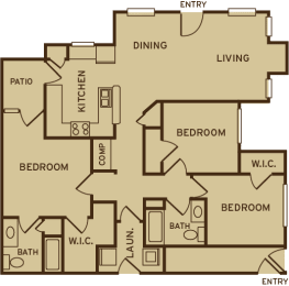 Park at Kirkstall Apartments 3 bedroom 2 bathroom floor plan
